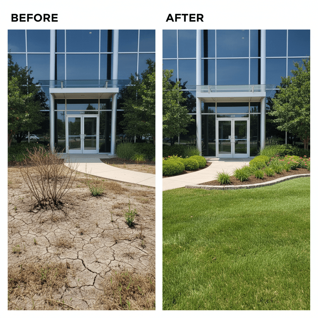 Commercial property landscape transformation before and after