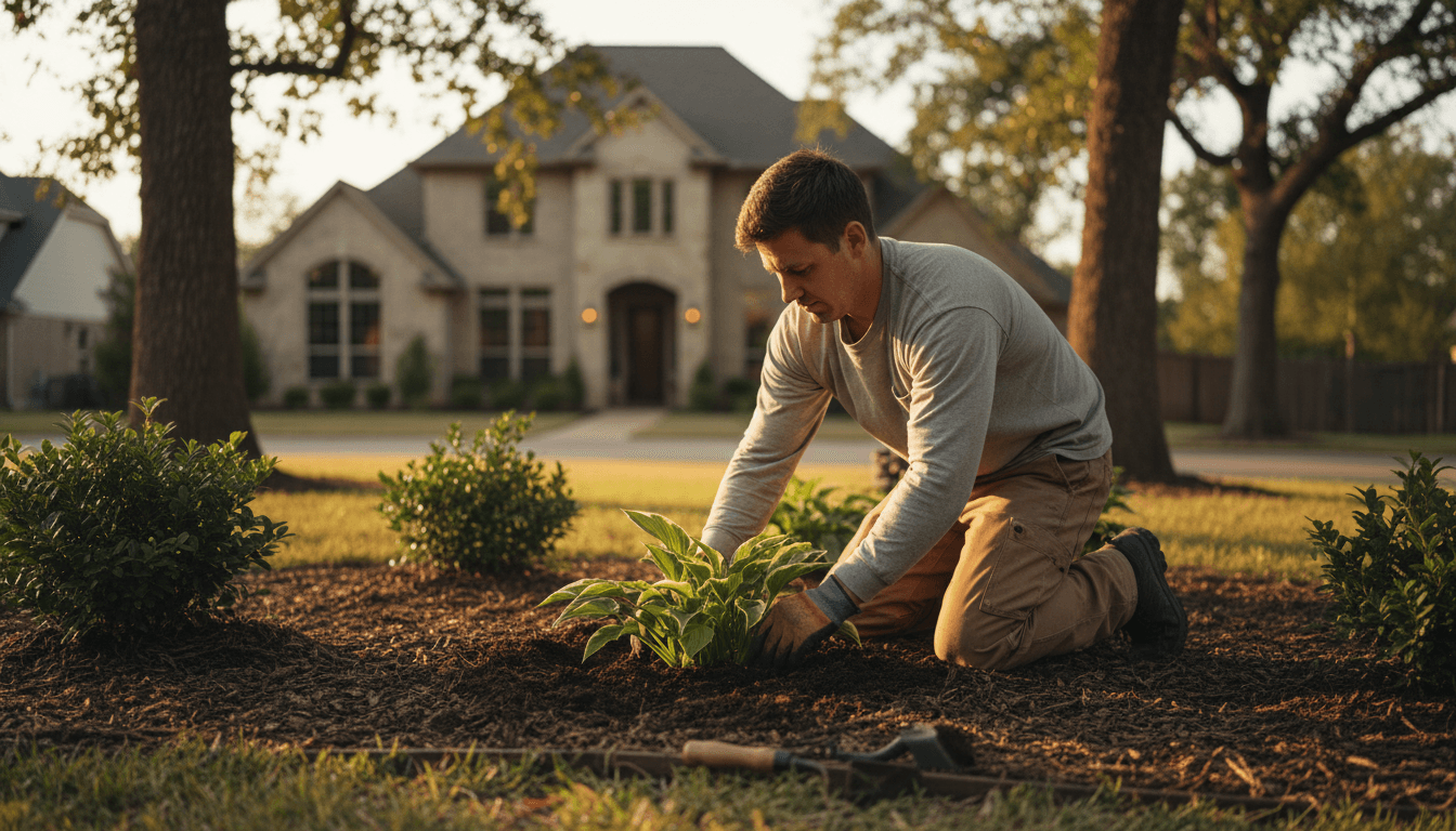 Landscaper planting greenery in a residential garden bed