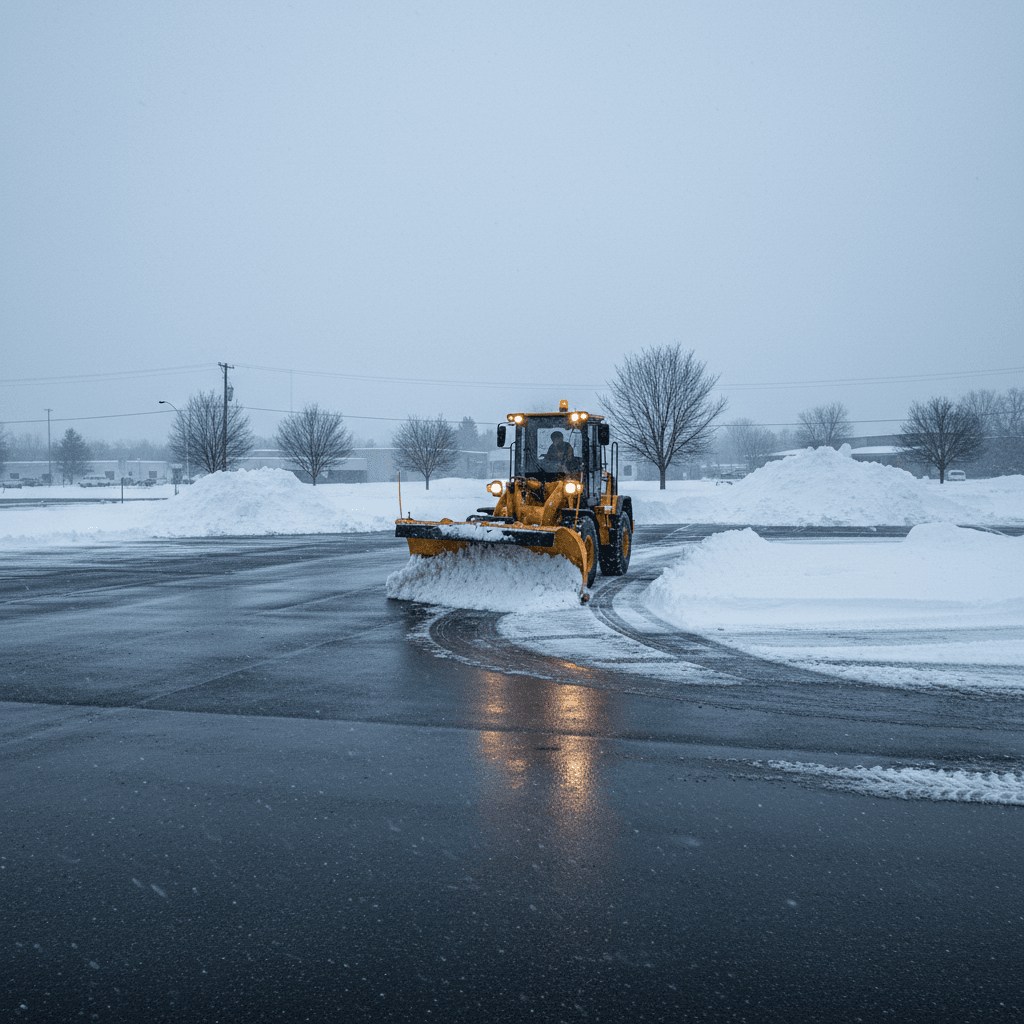Commercial snow removal in progress on parking lot