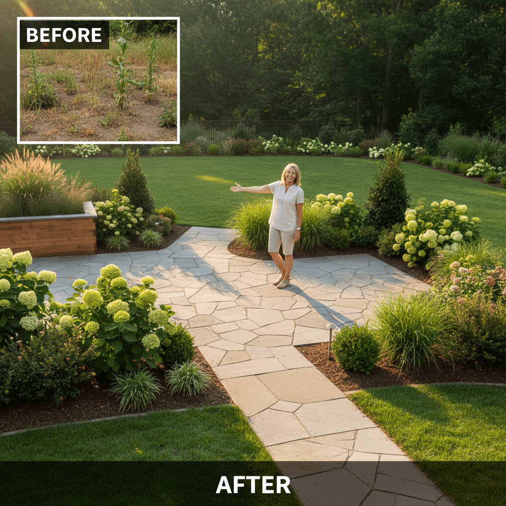 Client with completed residential landscaping project