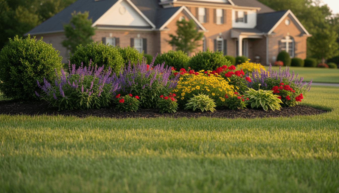Newly landscaped residential property with flowering plants and mature shrubs in Painesville