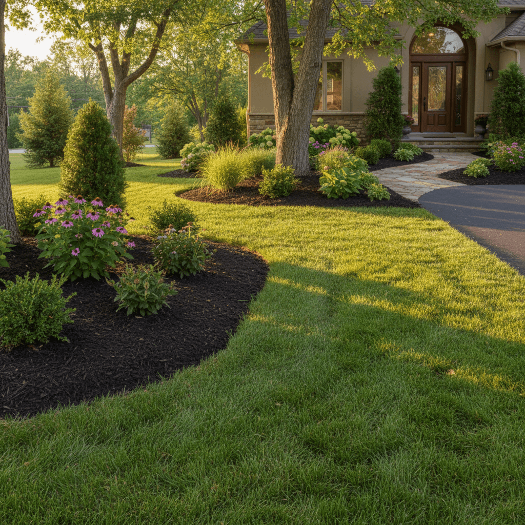 Residential front yard landscaping with new plants and lawn in Painesville