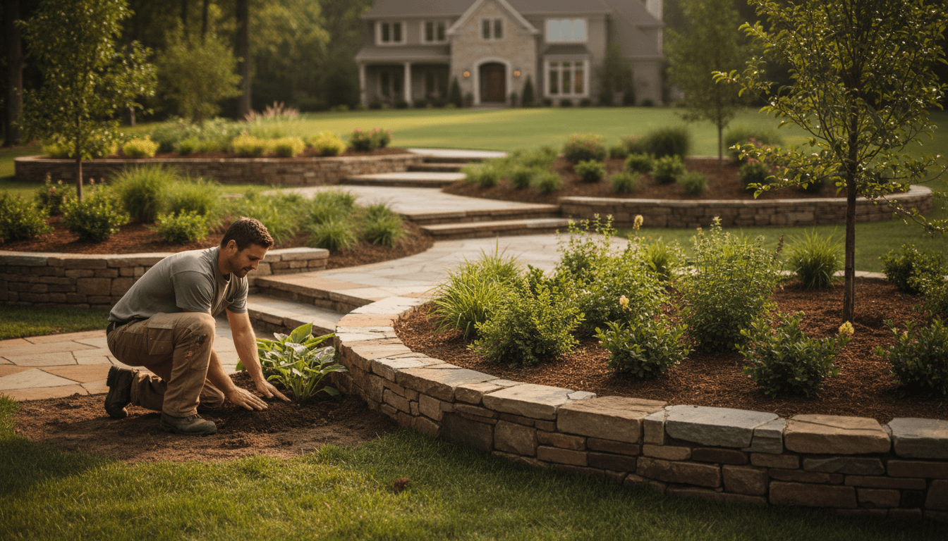 Landscaper installing new plantings and mulch in completed residential project