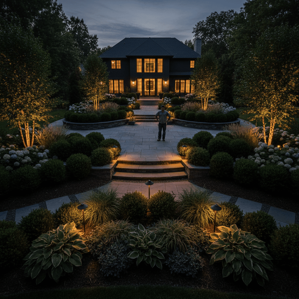 Completed backyard landscape design with lighting