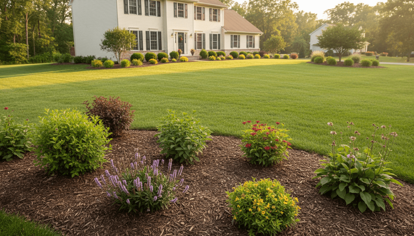Beautiful residential landscape with mature plantings and manicured lawn in Painesville