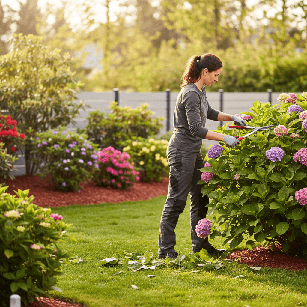 A bright, fresh lifestyle aesthetic medium shot of a residential backyard during spring maintenance