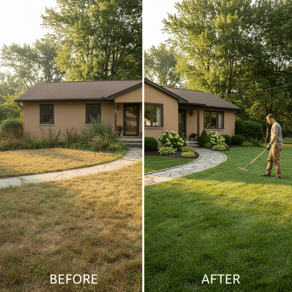Lawn renovation before and after