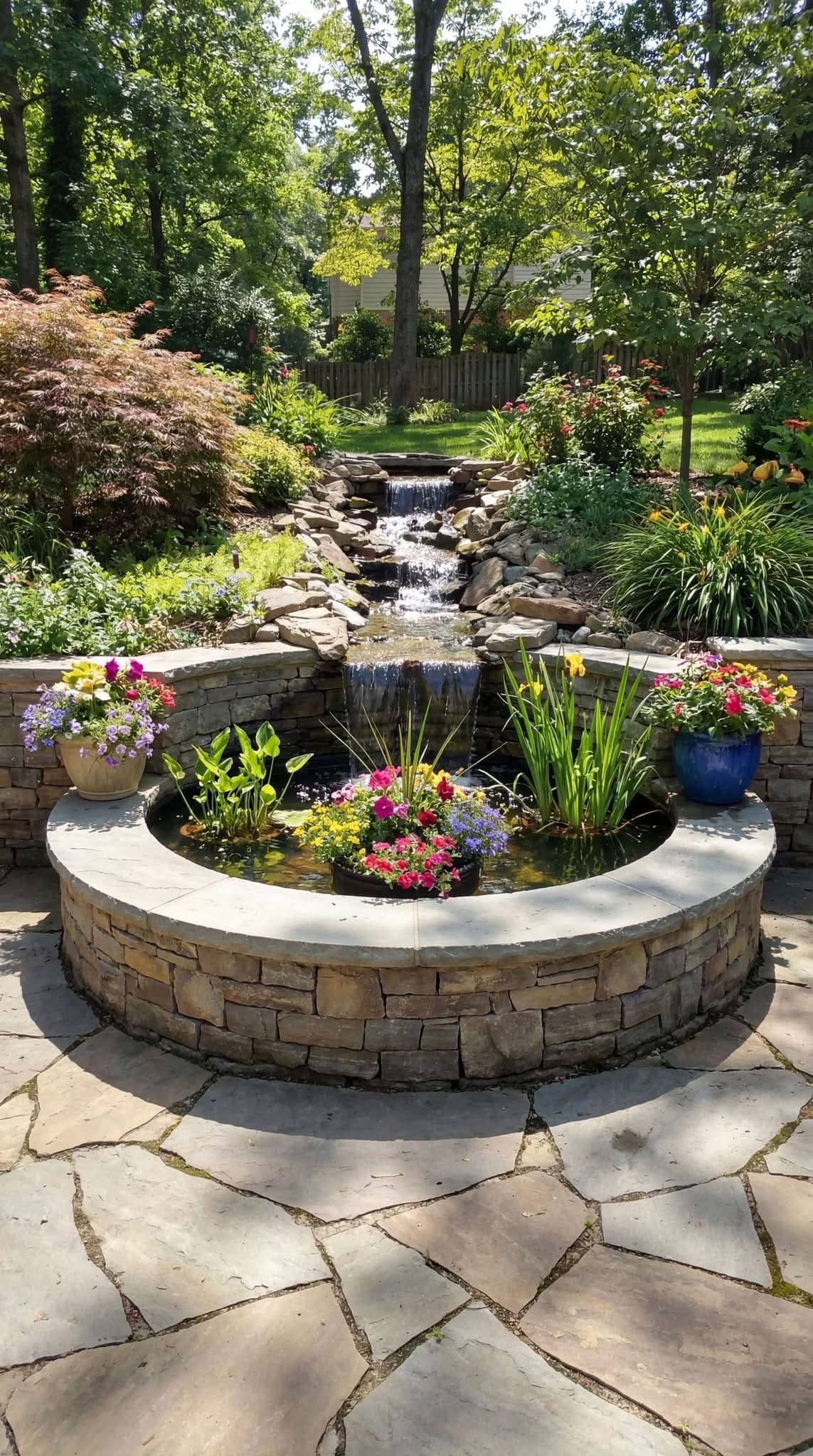 Tiered stone waterfall cascading into a circular pond with colorful flowers in a lush garden.