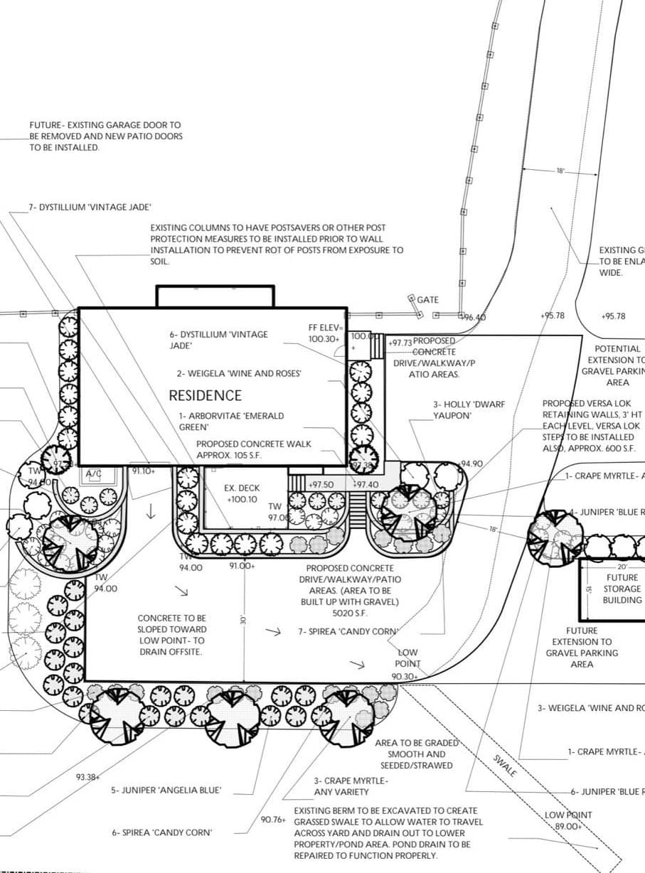 Detailed landscape architectural site plan for a residence featuring proposed concrete areas, plantings, and elevations.